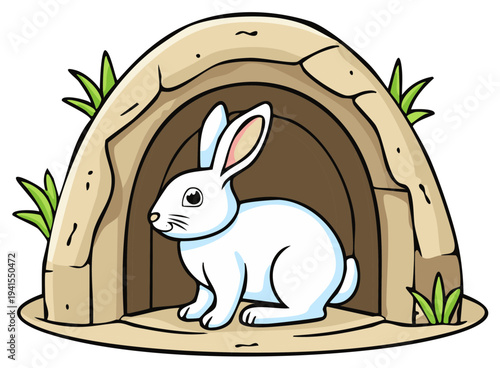 Cute white rabbit sitting at the entrance of its cozy stone burrow cartoon illustration