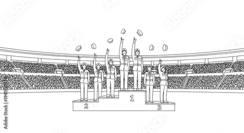 Athletes Celebrate Victory on Podium with Confetti at Stadium