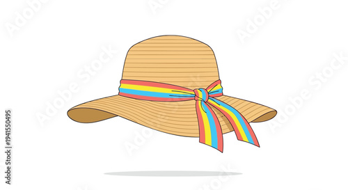 Vector illustration of a straw hat with rainbow ribbon