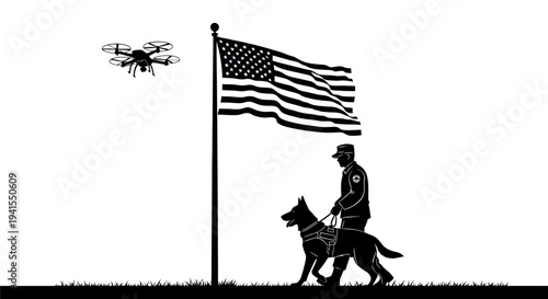 Drone Surveillance Over American Flag with K9 Unit and Handler