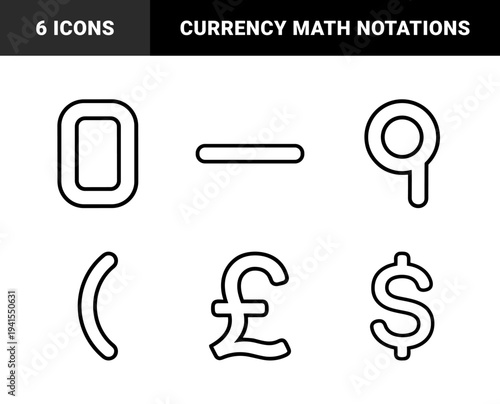 Financial currency and numerical symbols for banking interfaces. Chunky monoline geometric glyphs featuring pound sterling, dollar sign, and mathematical notation.
