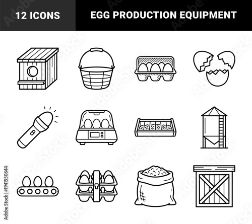Poultry farming and egg production process elements featuring linear technical illustrations. Minimalist monoline icons for agriculture and hatchery supply chain management.