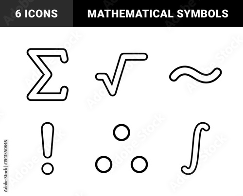 Mathematical notation and calculus symbols for academic education and research. Bold monoline outline pictograms featuring integral, sigma, and square root operators.