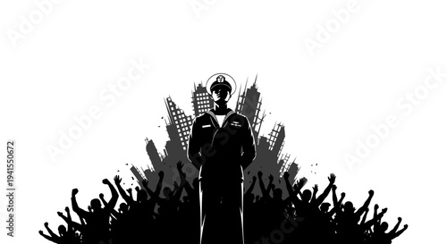Leader Standing Tall Amidst Chaotic Crowd and Cityscape Silhouette
