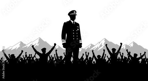 Leader Standing Tall Over Cheering Crowd, Mountains Background, Silhouette