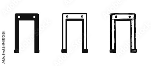 Metal detector archway icon set. Security gate checkpoint symbol in solid, outline, and sketch styles.