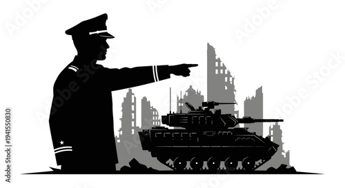 Military Commander Directs Tank in Ruined Cityscape