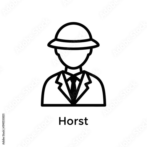 A minimalist black line illustration of a man in a bowler hat, suit, and tie on a white background, with the name 'Horst' written below.