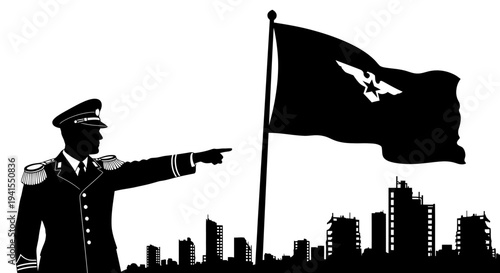 Military Commander Points Forward Towards Flag and City Skyline Silhouette