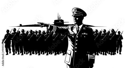 Military Commander Leading Soldiers and Submarine Fleet