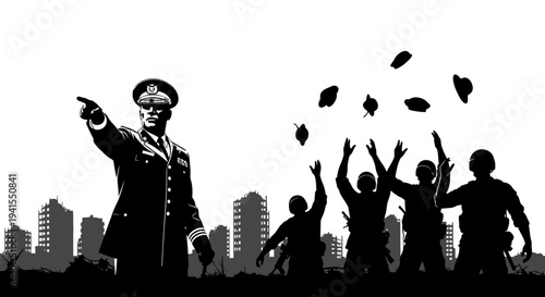 Military Commander Directs Troops in Ruined Cityscape, Victory Celebration