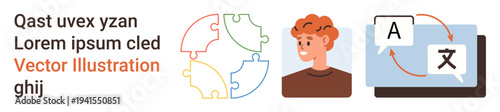 Education, multilingual communication, problem-solving, translation, learning tools, global understanding. Puzzle pieces, a person and translation icons. Education and multilingual communication