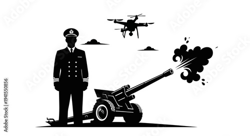 Military Drone and Artillery Officer Silhouette: Modern Warfare Technology