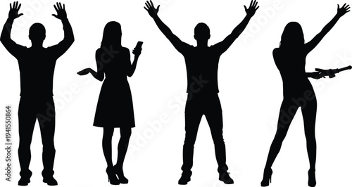 People silhouette set showing communication, celebration, smartphone use, and money exchange gestures representing social interaction and daily life concept