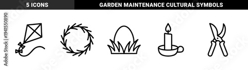 Spring and seasonal outdoor activity monoline pictograms for lifestyle branding. Minimalist line art featuring garden shears, easter egg, kite, and floral wreath.