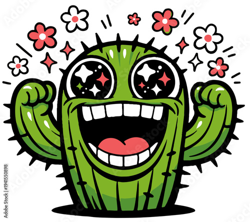 An overly happy cactus character expressing chaotic positivity. The exaggerated smile and energy make the design funny and visually memorable.