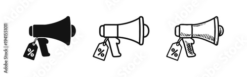 Megaphone with percentage tag icon set. Sale announcement and marketing promotion symbol.