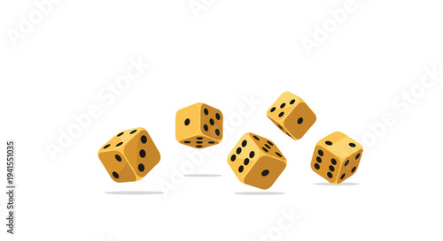 Five yellow dice with black pips are depicted floating in mid-air, casting subtle shadows against a clean white background.
