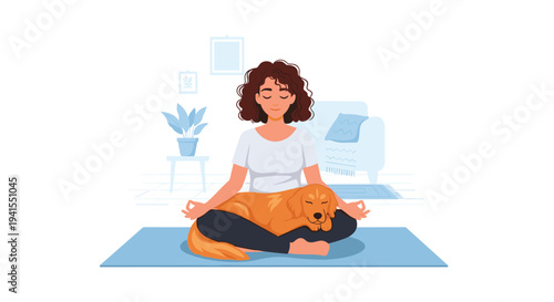 A serene woman with curly brown hair meditates in a lotus position on a blue mat with a golden retriever sleeping on her lap in a minimalist room.