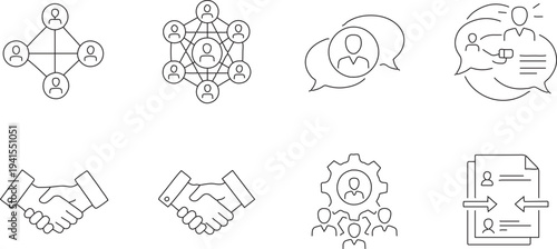 Set of 8 Business and Communication Line Icons Vector: Network, Teamwork, Handshake, Recruitment, and Chat Bubble Concepts for Web and Marketing isolated PNG with Transparent Background