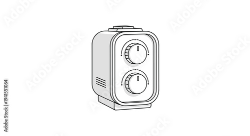 A minimalist line art illustration showcases a small, rectangular portable electric heater with two prominent circular control knobs on its front panel, isolated on a white background.