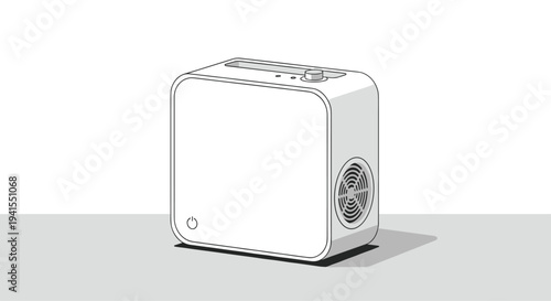 A sleek, white, rectangular electronic device with a side fan and top controls sits on a light grey surface against a clean white background.