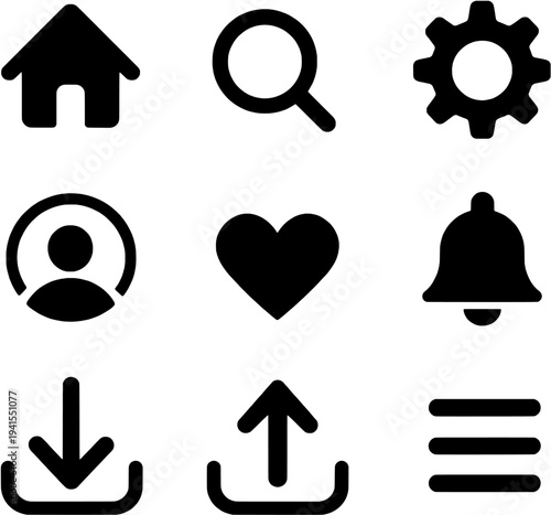 Basic User Interface Icon Set – Home Search Settings Download Upload UI Vector Icons