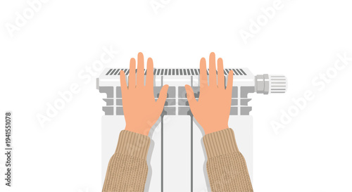 A pair of hands, covered by a beige knitted sweater, are placed flat on the white, horizontally ribbed surface of a radiator, viewed from a slightly overhead perspective.