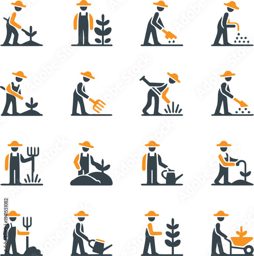 Farmer and Gardener Icon Set: Minimalist Vector Pictograms of Agricultural Activities, Planting, Harvesting, and Gardening Work.