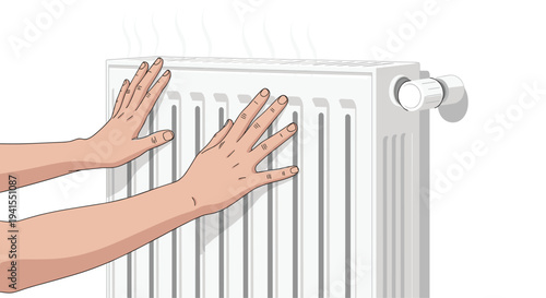 A pair of bare human hands are pressed against the warm, white ribbed surface of a modern radiator, with visible heat rising, isolated on a clean white background.