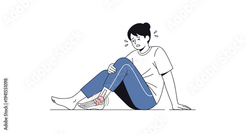 A distressed person, seated on the ground, clutches their right ankle in visible pain, with an X-ray overlay revealing inflamed bones, isolated on a white background.
