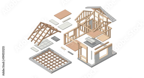 An exploded isometric view displays the separated components of a house under construction, including foundation, framing, and roof elements.