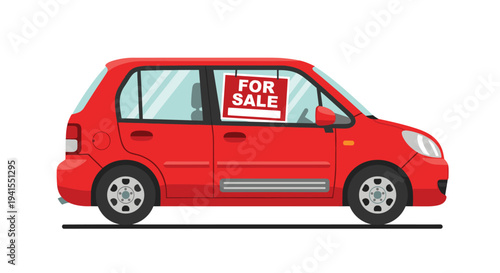 A vivid red four-door hatchback with a FOR SALE sign affixed to its passenger window is parked on a pristine white background.