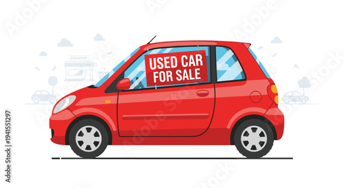 A bright red two-door hatchback with a USED CAR FOR SALE sign prominently displayed in its window sits against a subtle city backdrop.