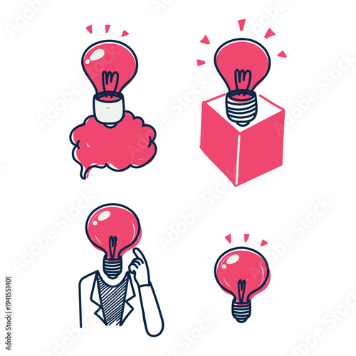 Hand drawn doodle light bulb idea and brainstorming concept illustration set