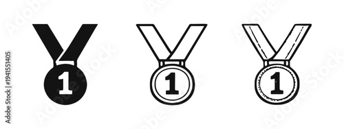 First place medal icon set. Award, winner, and achievement symbol in various styles.