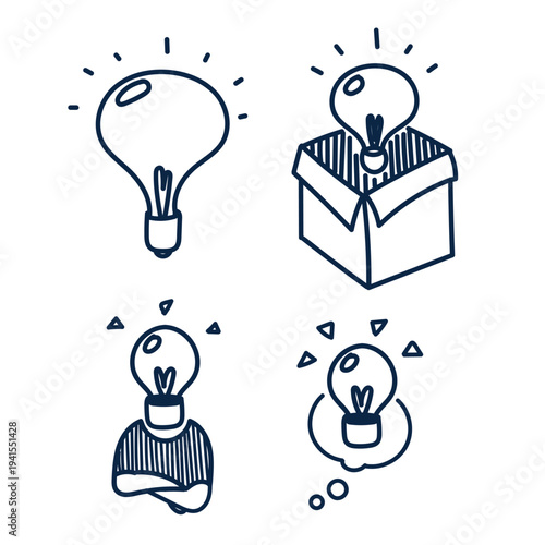 Hand drawn doodle light bulb idea and brainstorming concept illustration set