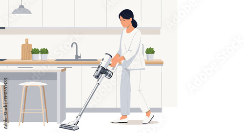 A woman in white casual clothing is actively using a silver and white cordless stick vacuum cleaner on a light grey kitchen floor.