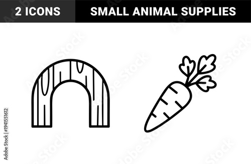 Carrot and wooden arch tunnel for small pet enrichment. Minimalist monoline line art representing rabbit treats and hamster hideout accessories.