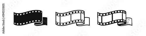 Film strip or cinema reel icons set in black and white styles. Movie production and media concept.