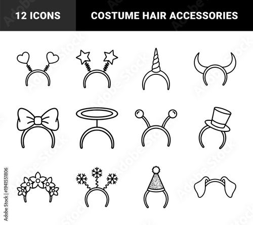 Festive headbands and party costume accessories in minimalist monoline style. Playful headpiece elements for photo booth props and celebration graphics.