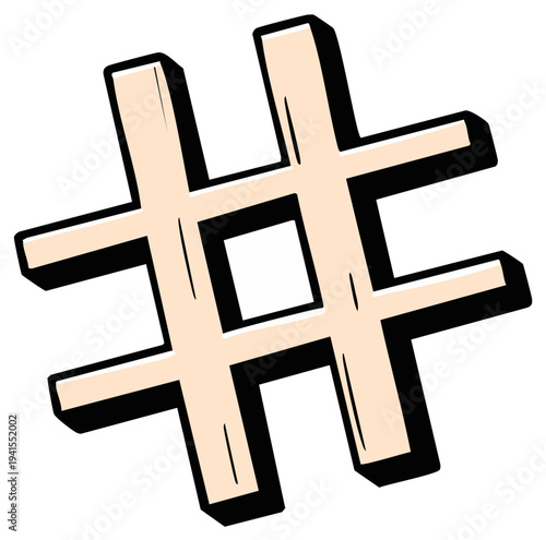 3D Rendered Hashtag Symbol in Beige with Black Outline Isolated Design Element