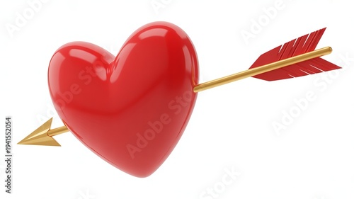 Red heart pierced by golden arrow with red fletching