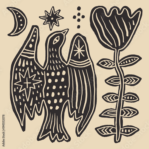 Bird monochrome linocut engraving style celestial folk fairytale elements set. Boho patterned woman sacred goddess animal in cottagecore vibe, floral ornament. Hygge, lagom and fika Scandinavian