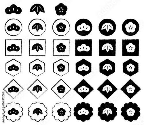 松竹梅　モノクロ　シンプルアイコン