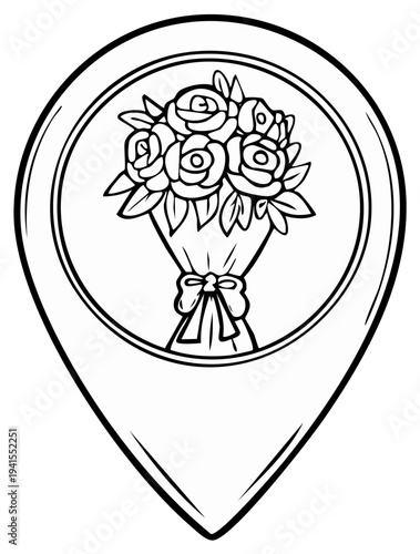 Floral bouquet inside a location pin icon symbolizing flower delivery or floral shop