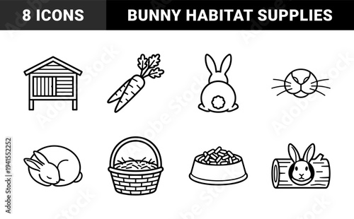 Rabbit pet care and lagomorph biology elements for veterinary infographics. Minimalist monoline pictograms featuring hutch habitat, feeding, and burrowing behaviors.