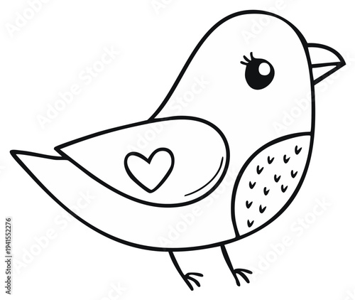Cute outline drawing of a little bird with a heart on its wing and textured feathers