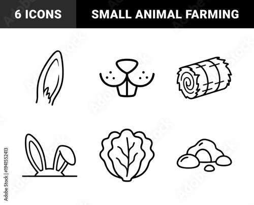 Rabbit care and small animal farming line art elements. Minimalist monoline pictograms featuring hay bales, lettuce, rabbit ears, and burrow motifs.