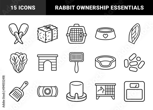 Rabbit care and small pet ownership essentials in a clean monoline aesthetic featuring hay, hutch, grooming tools, and nutritional supplies for animal welfare.